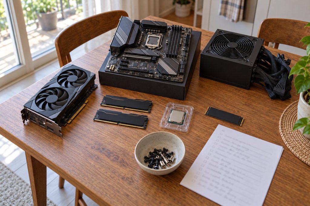 Componentes preparados para montar un PC