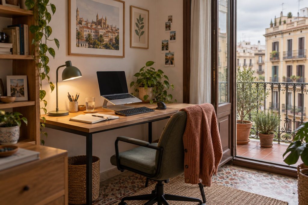 Rincón de teletrabajo en un piso con balcón
