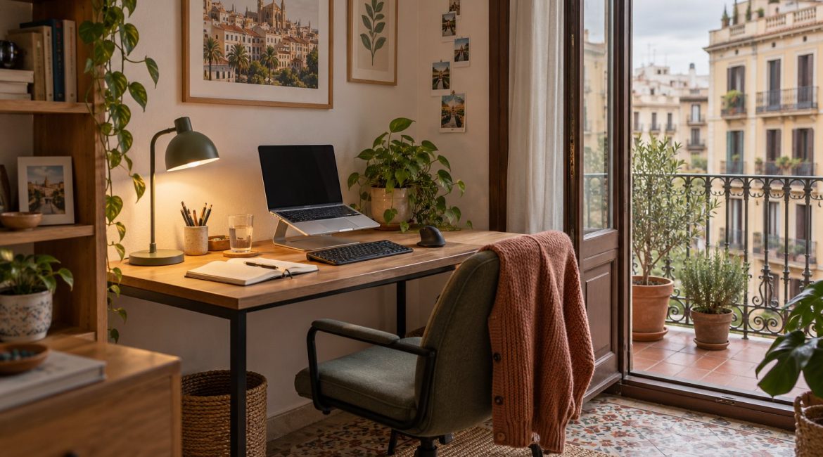 Rincón de teletrabajo en un piso con balcón