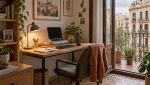 Rincón de teletrabajo en un piso con balcón
