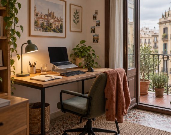 Rincón de teletrabajo en un piso con balcón