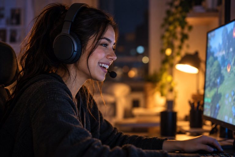 Jugadora con auriculares y micrófono durante una partida