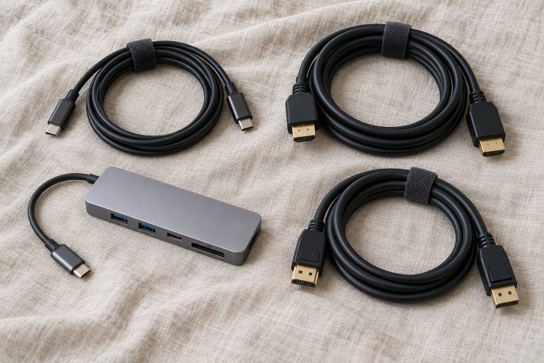 Cables USB-C, HDMI y DisplayPort con un hub USB