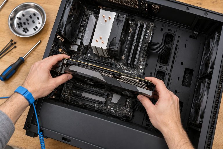 Técnico instalando una tarjeta gráfica en un PC