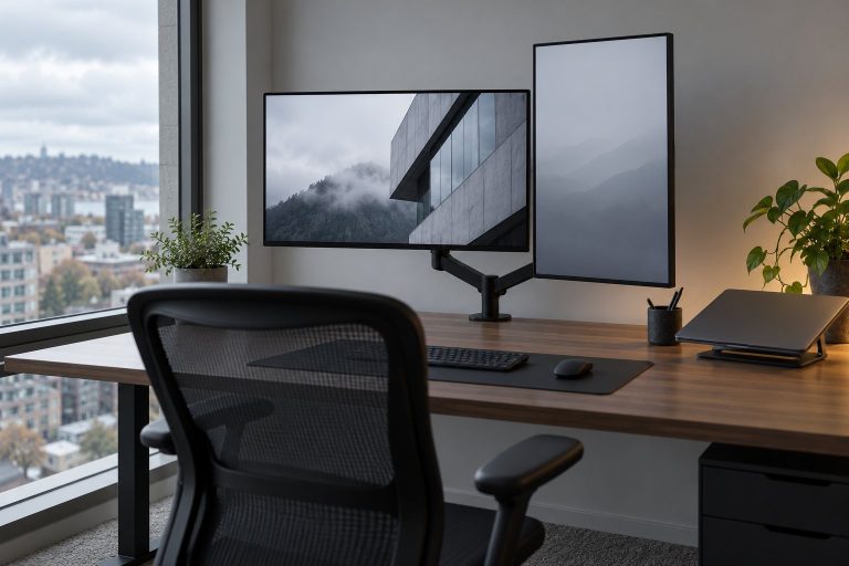 Puesto de trabajo con dos monitores en brazo doble