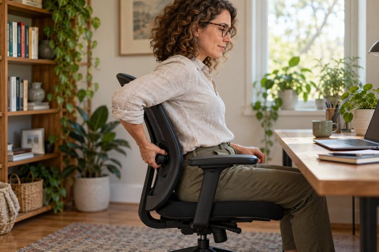 Mujer ajustando el soporte lumbar de una silla ergonómica