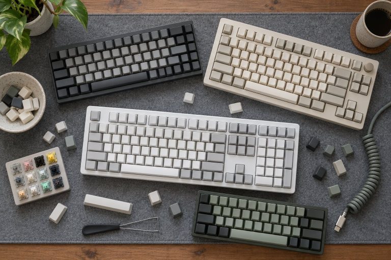 Teclados mecánicos de distintos tamaños sobre alfombrilla