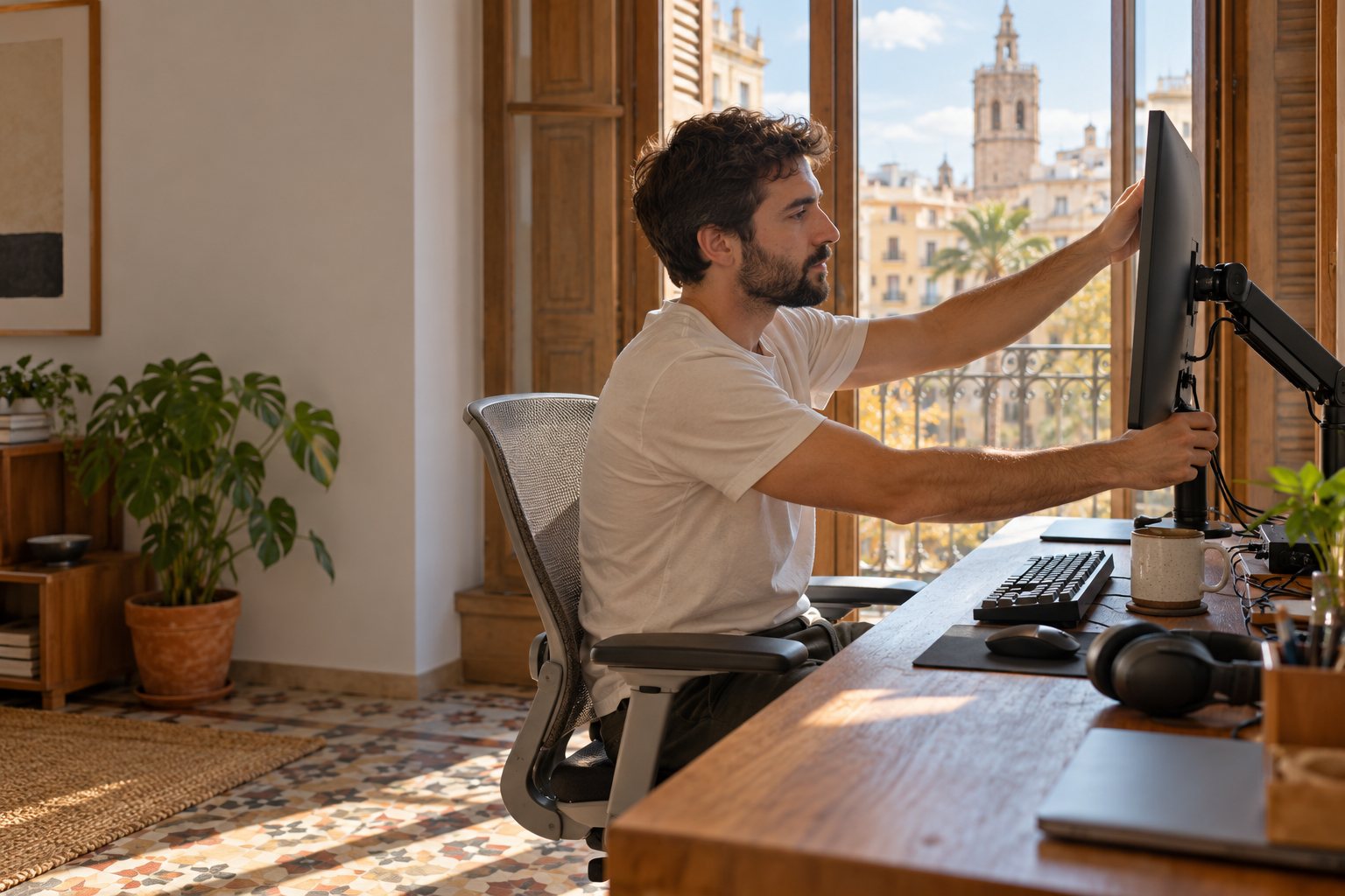 Cliente ajustando un monitor con brazo en su escritorio de València