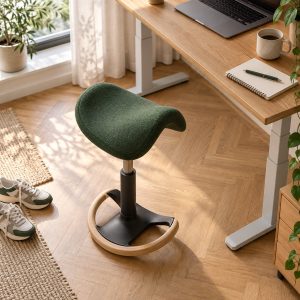 Taburete ergonómico Ergonia Balance junto a una mesa elevable