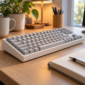 Teclado mecánico Kaiten TKL Office blanco en un escritorio