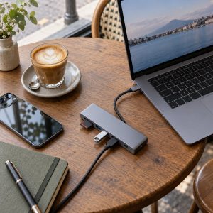 Hub USB-C 7 en 1 Drako Basics conectado a un portátil