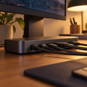 Dock USB-C Drako Basics con doble HDMI bajo un monitor