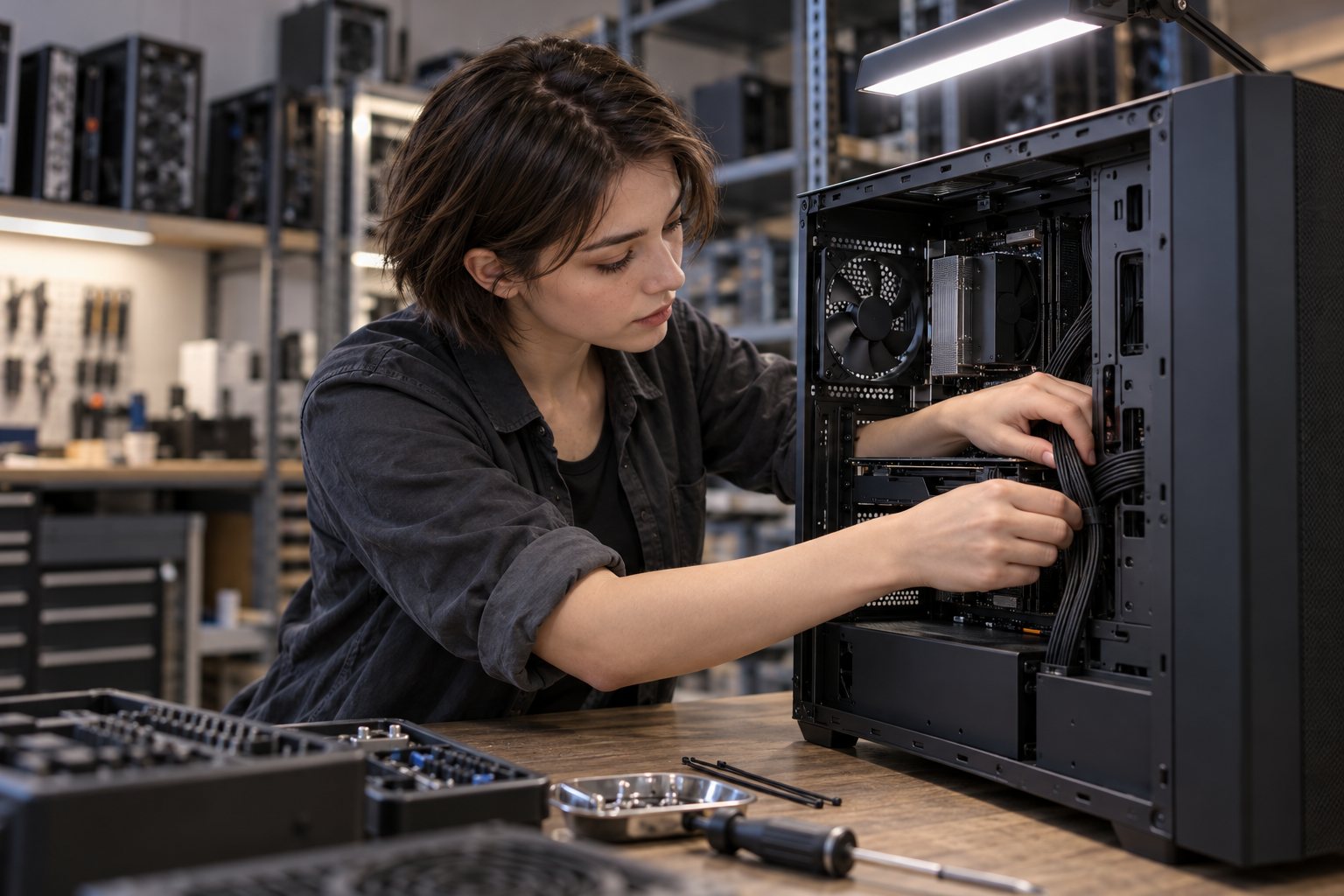 Técnica montando el cableado de un PC en el taller